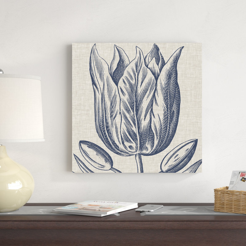 Indigo floral sur lin VI, H 20 po x l 20 po x P 1,25 po