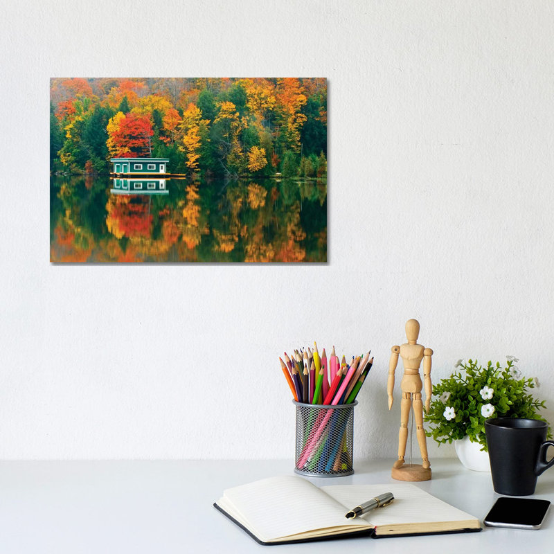 Canada, Ontario, Rosseau. Boathouse And Reflection In Autumn by Jaynes Gallery - Wrapped Canvas Print