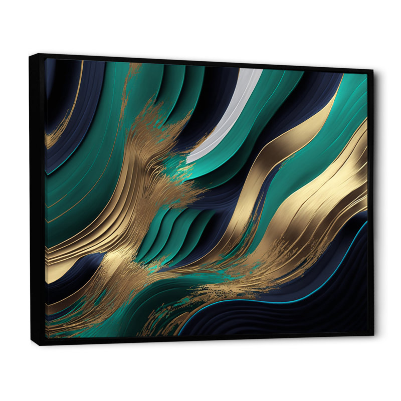 Agate verte et dorée I - peinture sur toile, Toile avec cadre flottant noir, H 12 po x l 20 po x P 1 po