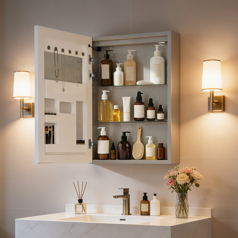 Armoire à pharmacie à DEL pour la salle de bain, deux haut-parleurs Bluetooth, désembuage, éclairage 3 couleurs à intensité variable, rétroéclairé, fonction mémoire, prises de courant, tablettes réglables, verre trempé