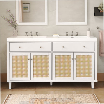 Meuble-lavabo de salle de bain avec double lavabo, grand rangement, fonctionnement en douceur, pieds robustes et boutons fonctionnels pour les salles de bain modernes