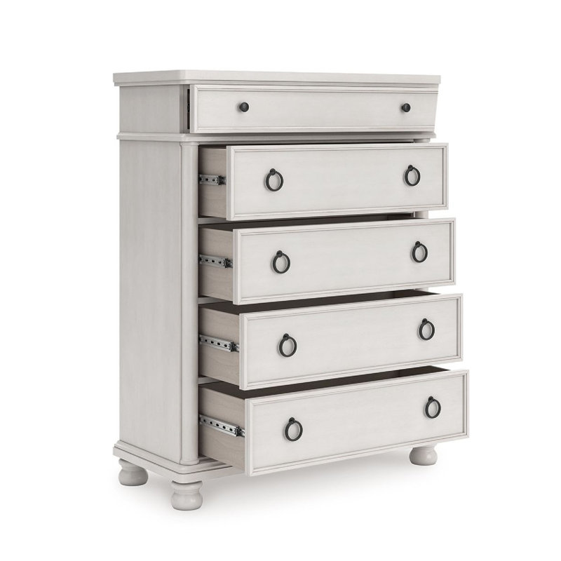 Commode haute Rowy, 5 tiroirs avec boutons en étain, blanc antique
