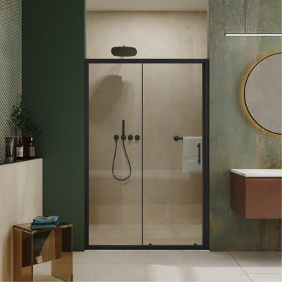 Single Sliding Shower Door, 1/5 inch Thick Clear Tempered Glass Shower Door with Stainless Steel Handle, Black