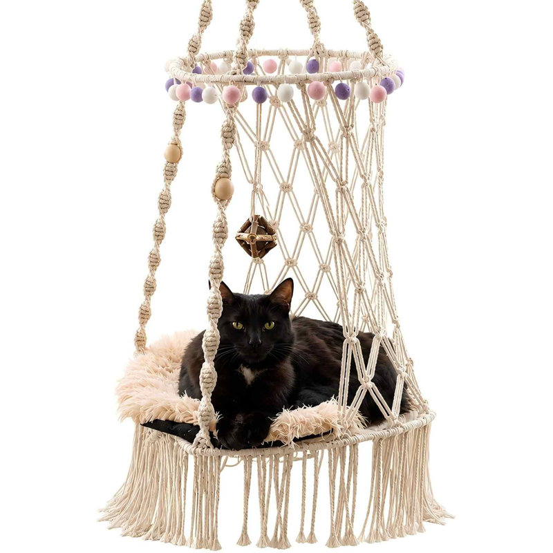 Cat Hammock Macrame Hanging Bed For Large Cats - 50Lbs Heavy Duty Cat Swing Wall Mounted Boho Window Perch - Hardware Kit Included