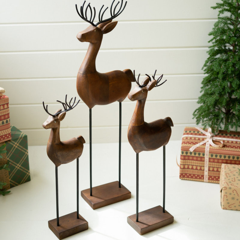  Carved Wood and Iron Reindeer Figurines – Set of 3