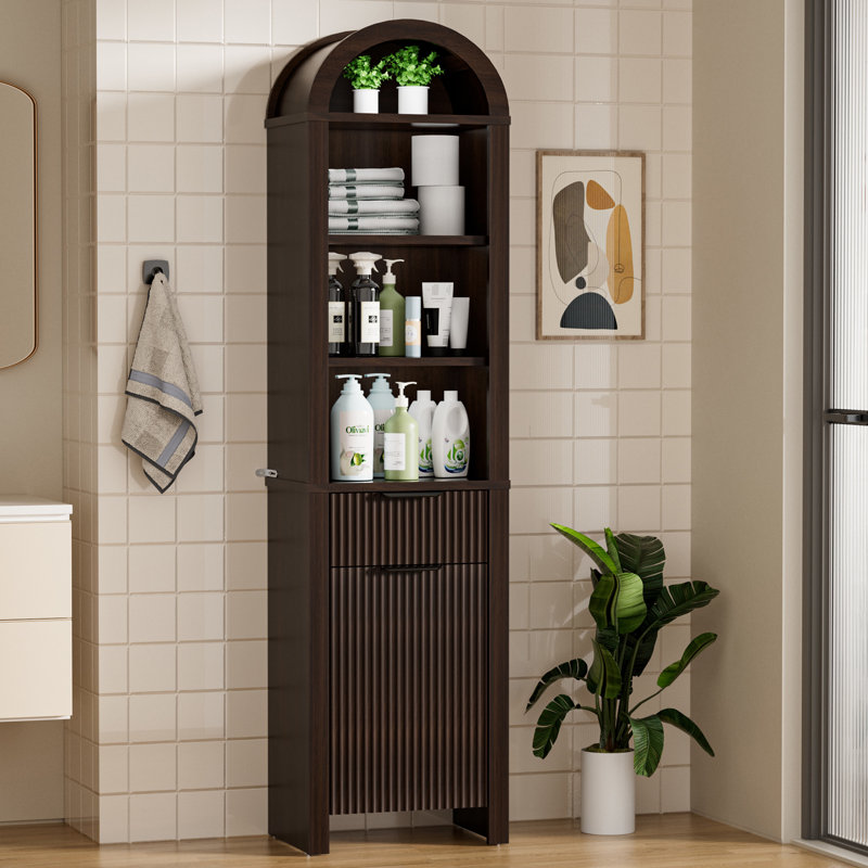 67 Inch Tall Storage Cabinet With Adjustable Shelves, Arched Narrow Storage Cabinet With Door And Drawer, Bathroom Cabinet With Anti-tipping Device For Bathroom, Living Room