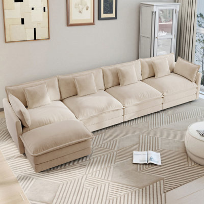 Clitheroe 5-Seaters 146.6" Modular L-Shaped Chenille Upholstered Sectional Sofa, with Movable Ottoman