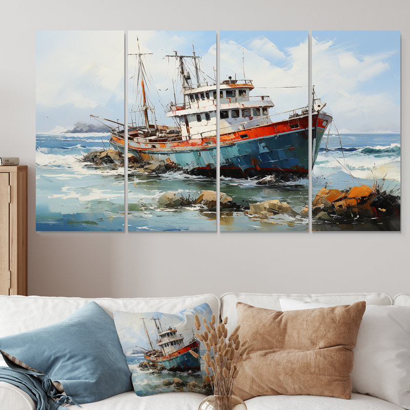 Nautique, bateau, pêche, aventure - Bateau côtier, ensemble de 4 décorations murales, H 32 po x l 64 po