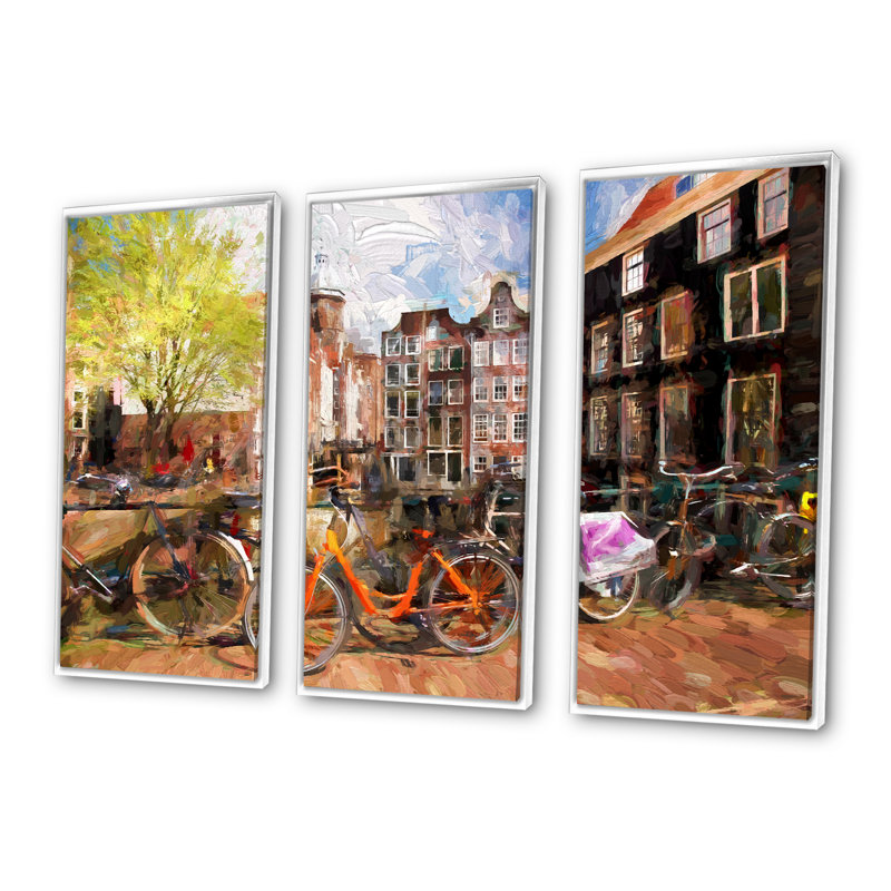 Amsterdam City Artwork - Ensemble de 3 toiles encadrées, H 20 po x l 36 po, Cadre blanc