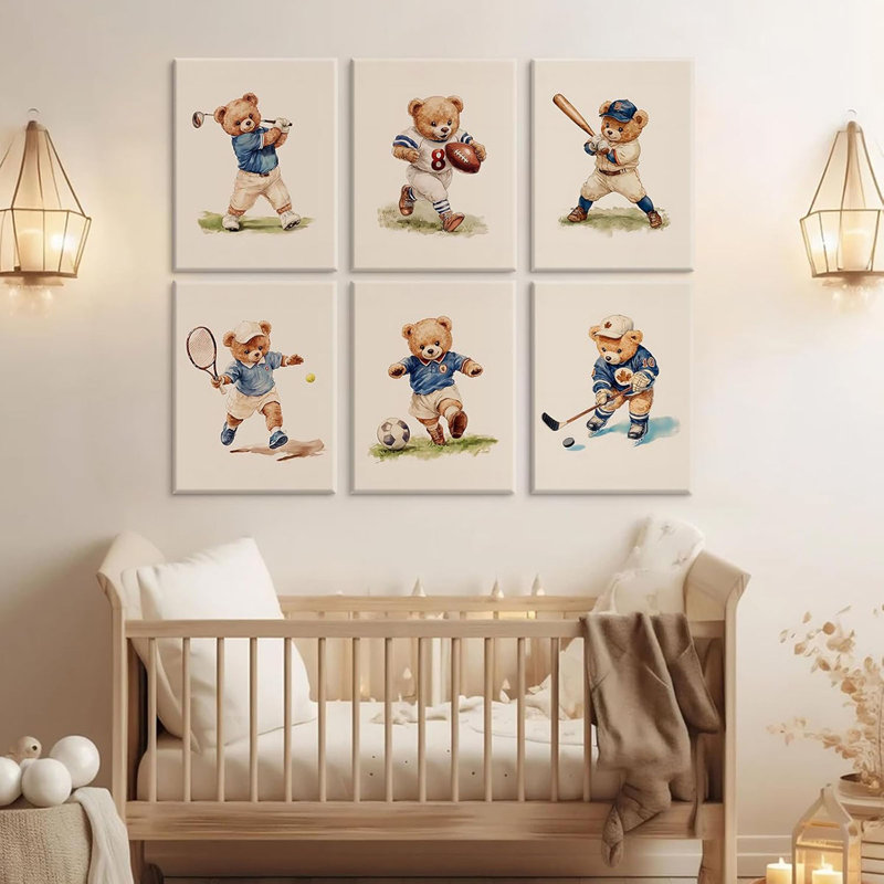 Nursery Bear Sports Wall Art Vintage Boy Room Canvas Wall Decor Baby Teddy Bear Pictures Boy Nursery Art Prints Kids Animal Poster Artwork For Toddler Bedroom Playroom 8X10 Inch Ready To Hang 6Pcs