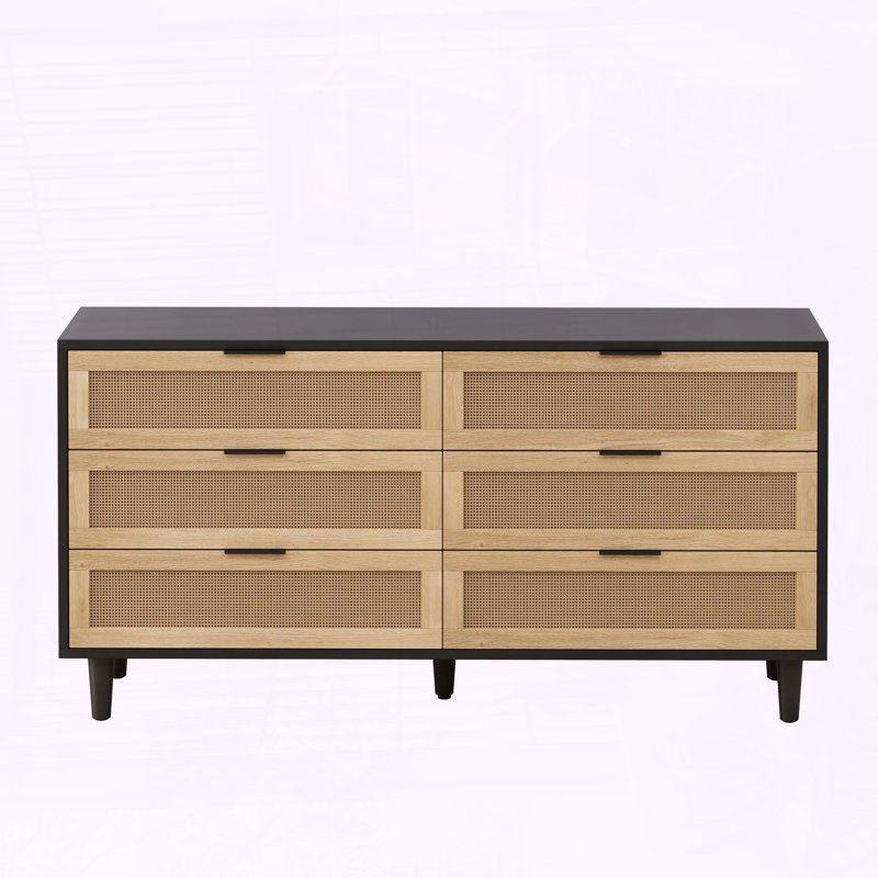 Commode 6 tiroirs en rotin avec finition noire et glissières de tiroir lisses