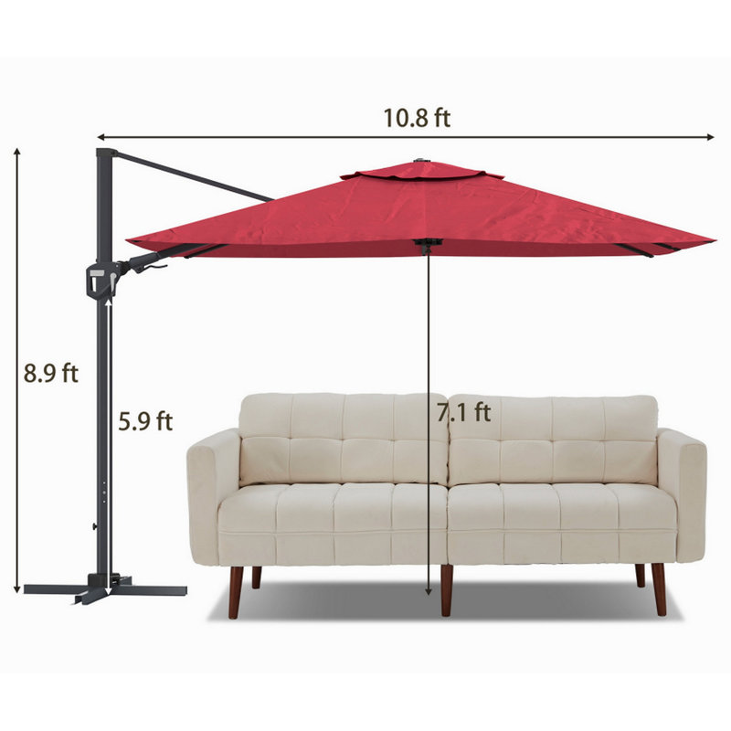 11FT Square Cantilever Patio Umbrella In Red (Without Umbrella Base)