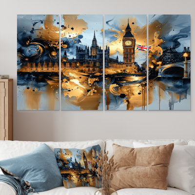 «London Big Ben Glow On Gold IV», art mural sur toile City London - art mural traditionnel sur toile 4 pièces