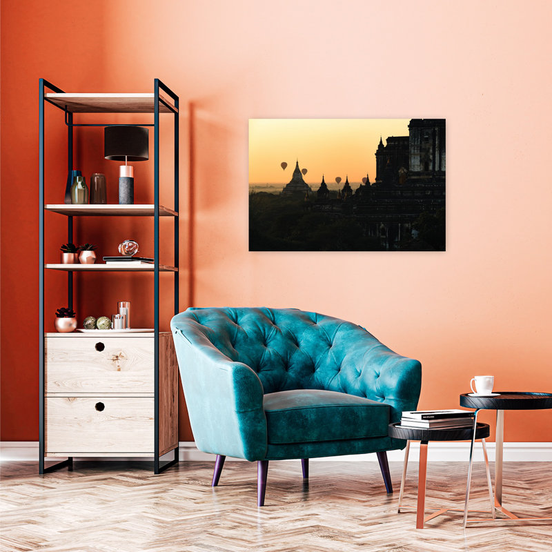 «Golden Bagan Sunrise Peaceful Serene Tranquil Architecture Landscape», art mural, H 24 po x l 36 po