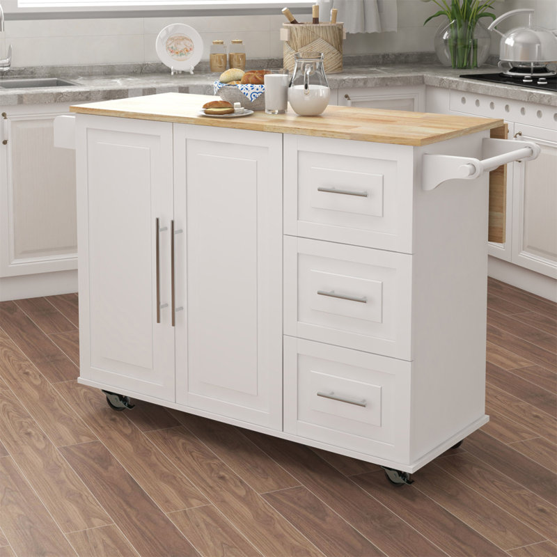 Îlot de cuisine avec support à épices, porte-serviettes et plateau de table en bois massif extensible, White