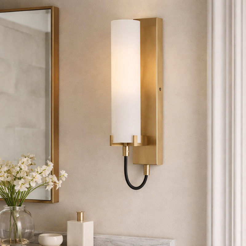 Ryden Single Light Wall Sconce with Etched Glass Cylinder Shade, Gold