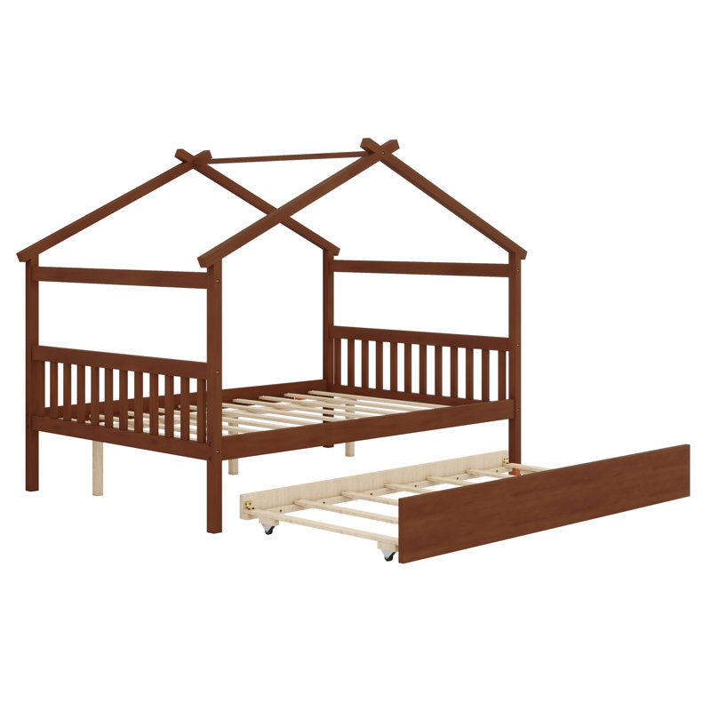 Wooden House Bed With Trundle, Walnut, Full