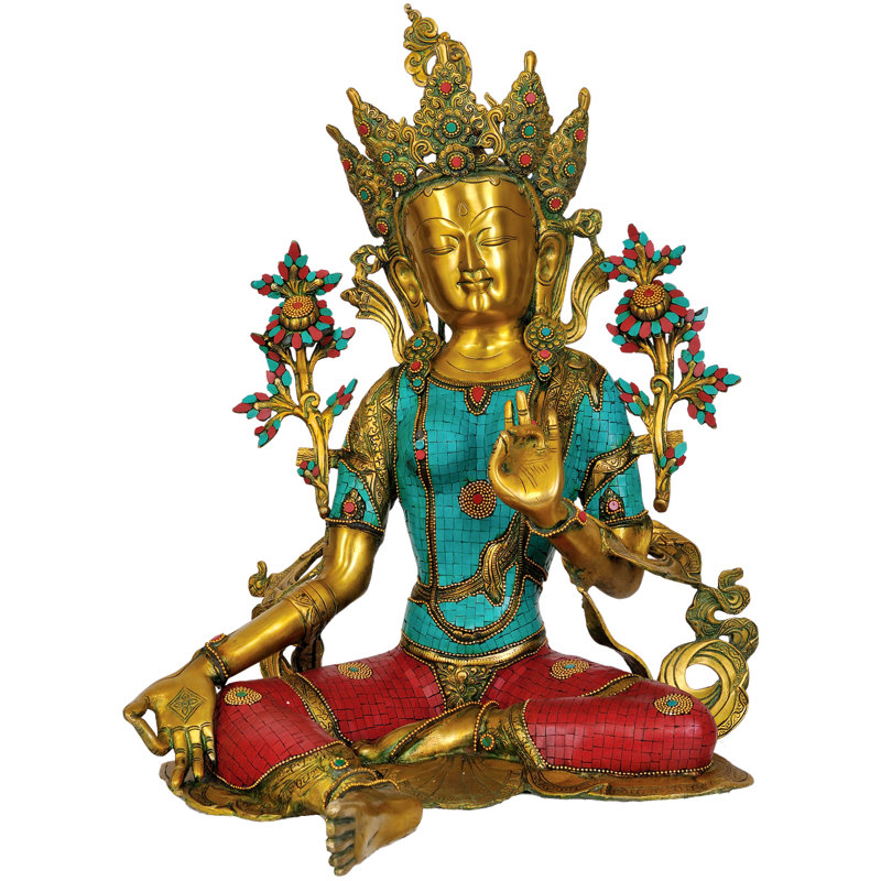Grande déesse du sauveur Tara verte (statue bouddhiste tibétaine incrustée)
