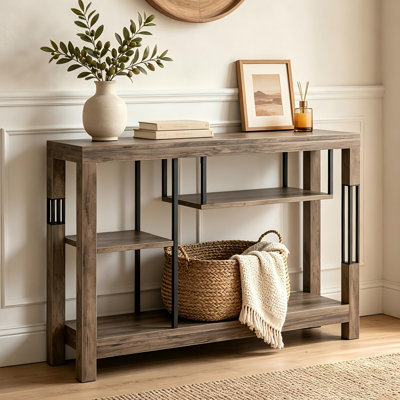 47 Inch Retro Wood Console Table with Metal Frame, Industrial Sofa Table for Entryway, Hallway & Living Room, Gray