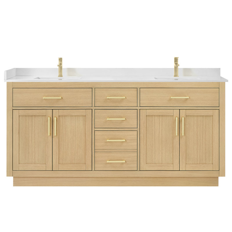 Ensemble de meuble-lavabo double 72 po Beckett, Marbre de culture de Carrare, Chêne foncé, Or brossé