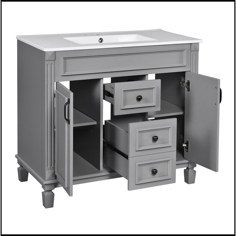 Meuble-lavabo 36 po avec lavabo supérieur, armoire de rangement moderne avec 2 portes à fermeture douce et 2 tiroirs, meuble-lavabo simple
