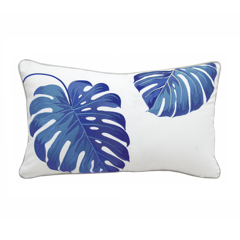 Tropical Green Monstera Indoor/Outdoor Olefn Lumbar Pillow, Blue/White