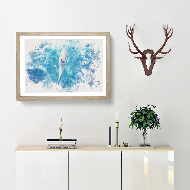 Dolphin Leading The Way - Single Picture Frame Painting on MDF, Oak Framed, 36cm H x 48cm W x 2cm D