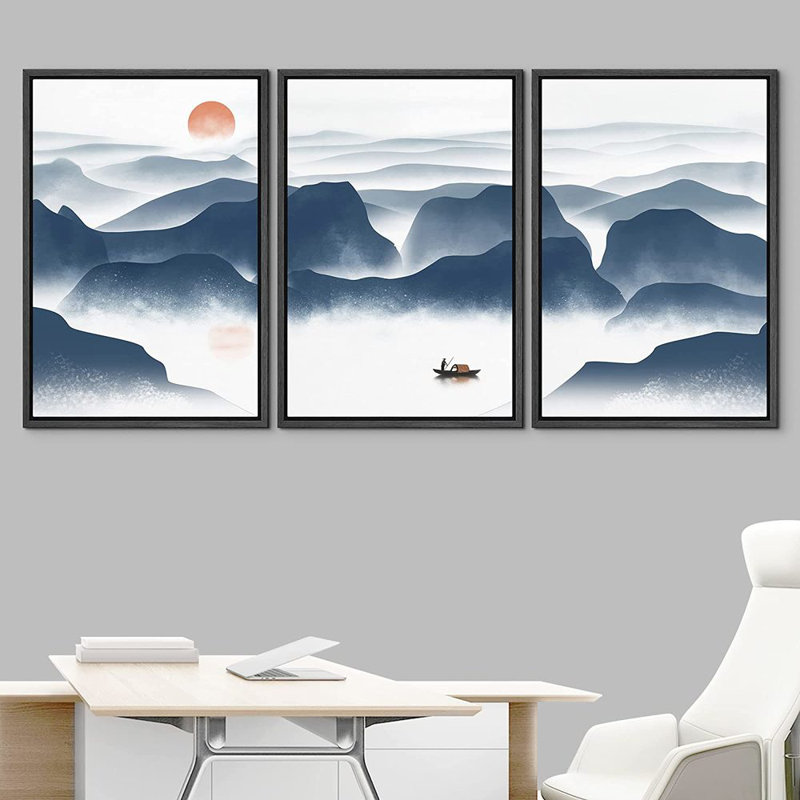 Mountain Valley - 3 pièces, peinture sur toile à cadre flottant, Cadre noir, H 24 po x l 48 po