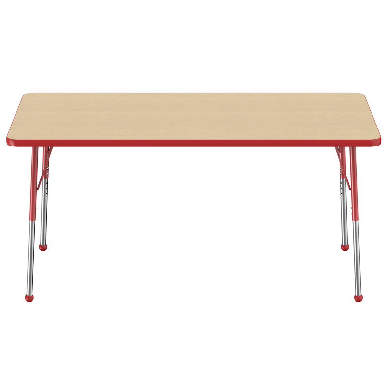 Table d'activité rectangulaire à hauteur réglable en forme de T, 24 po x 72 po, Érable / rouge, Roulement à bille standard