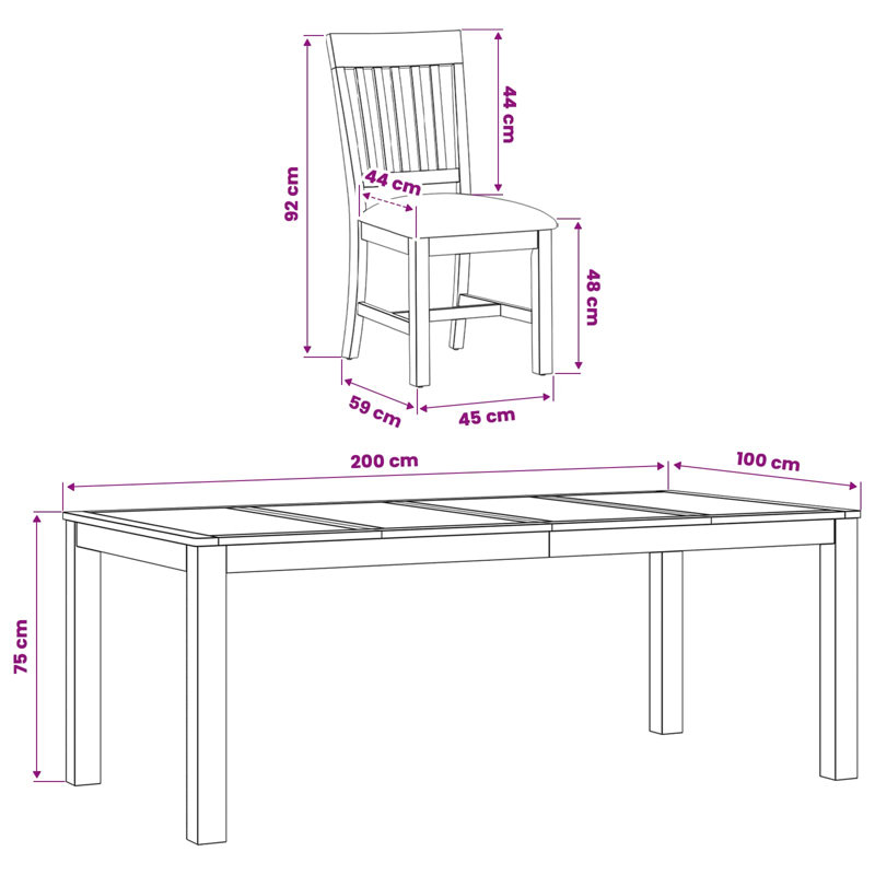 Solid Oak Dining Set, 75cm H x 200cm W x 100cm D, Grey, 9