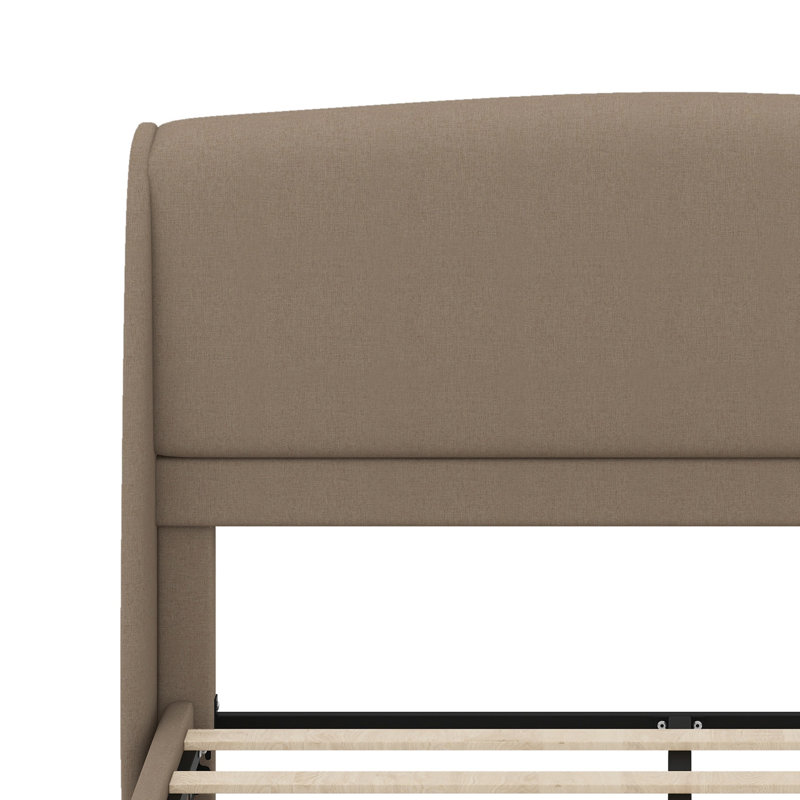 Lit plateforme tapissier à profil bas avec tête de lit à oreilles pour plus de confort, Brown