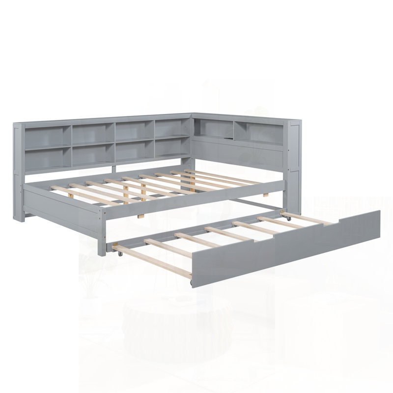 Lit de jour en bois double avec lit gigogne simple, tablette de rangement et ports de chargement USB pour une vie moderne