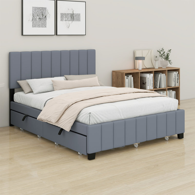 Upholstered Platform Bed With 2 Drawers And Trundle, Gray