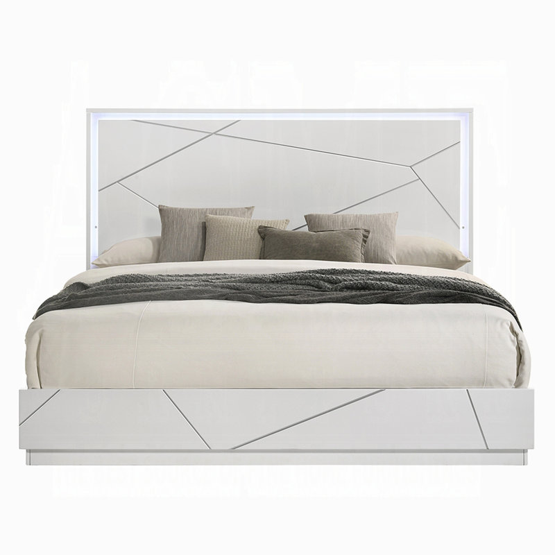 Grand lit moderne avec finition blanche et lignes lumineuses en relief avec mobilier de chambre à coucher contemporain 1pc