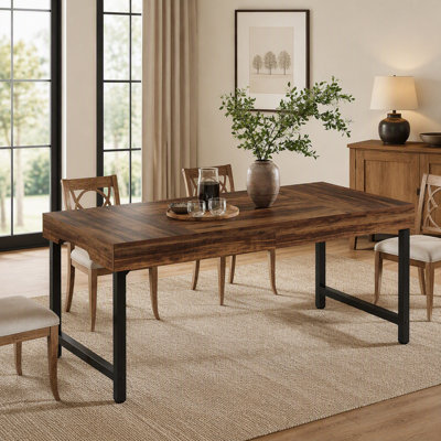 55″ Farmhouse Dining Table for 4 to 6, Rectangular Kitchen Dinner Table with Thick MDF Top and Black Metal Legs, Dining Rooms