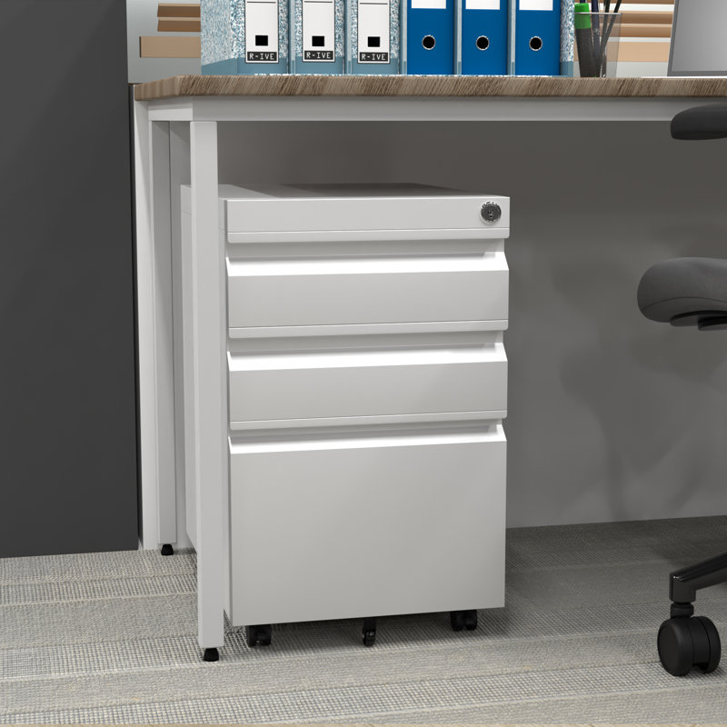 Ktina 14.57" Wide 3 -Drawer Mobile Steel Vertical Filing Cabinet with Lock and Wheels, White