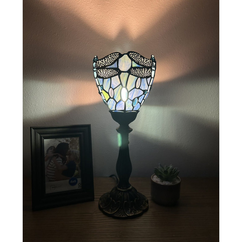 Simonetti Tiffany Torch Mini Table Lamp Dragonfly Blue Stained Glass LED Bulb Included 6"W*6"D*15"H, Blue