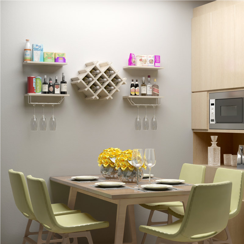Ella-Faith 7 Bottle Wall Mounted Wine Bottle & Glass Rack, Natural