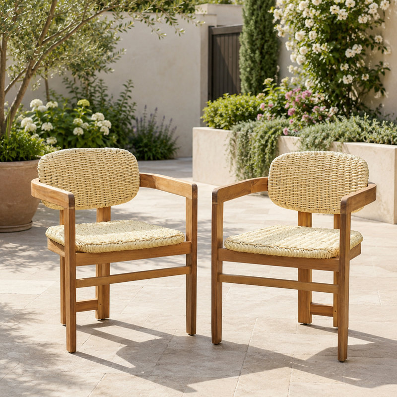 Chaises longues 2 pièces en bois d'acacia avec rotin tissé