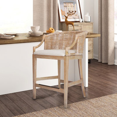 Chic Counter Stool With Foam Filled Cushion And Natural Whitewash For A Relaxing Seat Handmade Back Soft Linen Upholstery Cozy Ambience