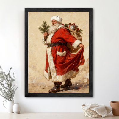 Black Framed Vintage Santa Claus is preparing to give gifts Wall Art Classical realistic oil painting Style Framed Prints