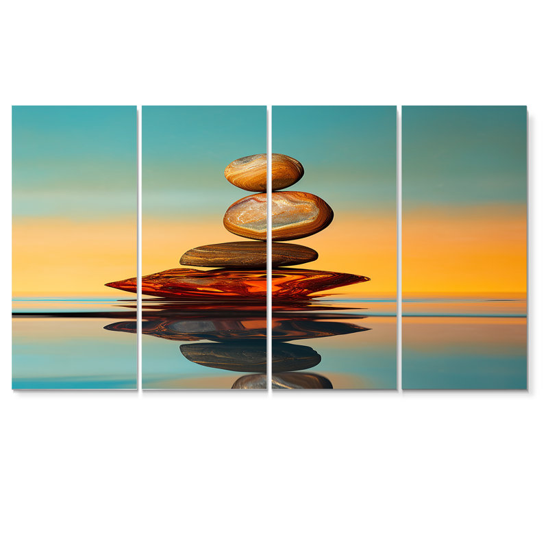 «Zen Stones Turquoise Sky Sunset Glow», art mural sur toile méditation 4 pièces, H 28 po x l 48 po