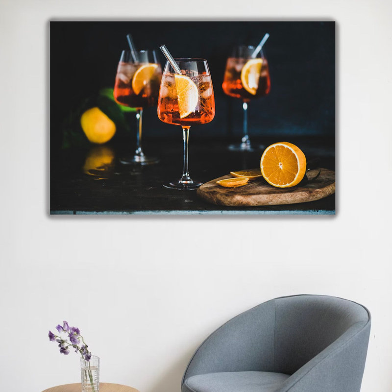 Verre à cocktail Aperol sur acrylique, H 12 po x l 18 po x P 1 po, Cadre noir