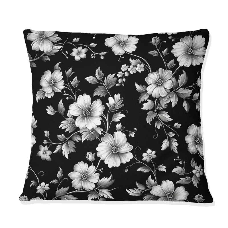 Coussin décoratif noir et blanc Secret Floral Gardens IV - Traditional, H 16 po x l 16 po