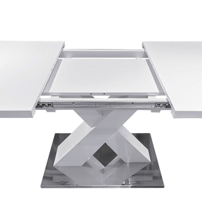 Modern Rectangle Dining Table, Stretchable, White Table Top+MDF X-Shape Table Leg With Metal Base