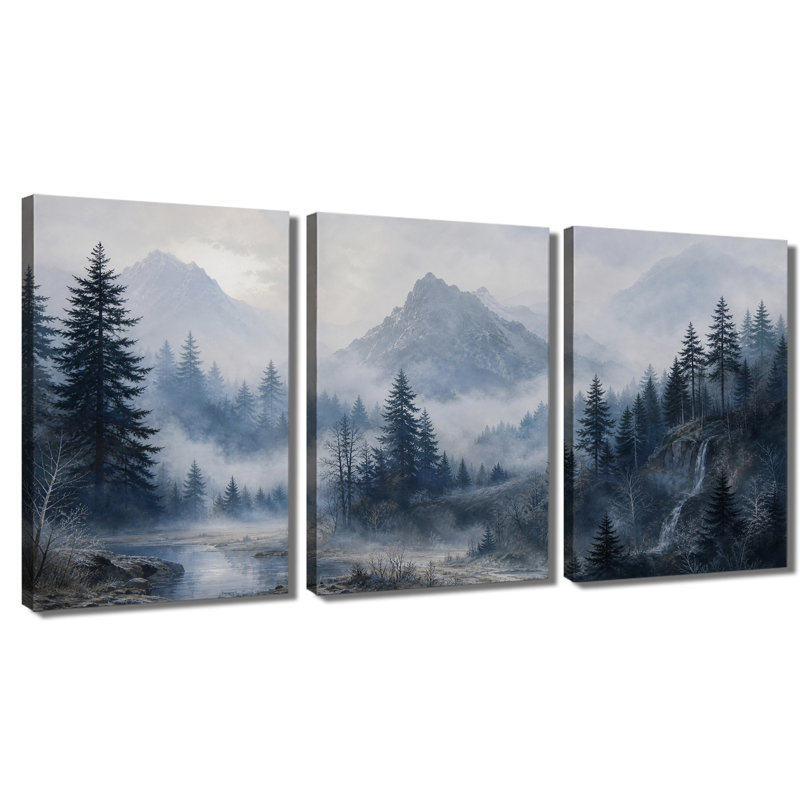 Toile, art mural rétro, forêt de pin brumeux, paysage de lac enneigé pour chambre à coucher, salle à manger