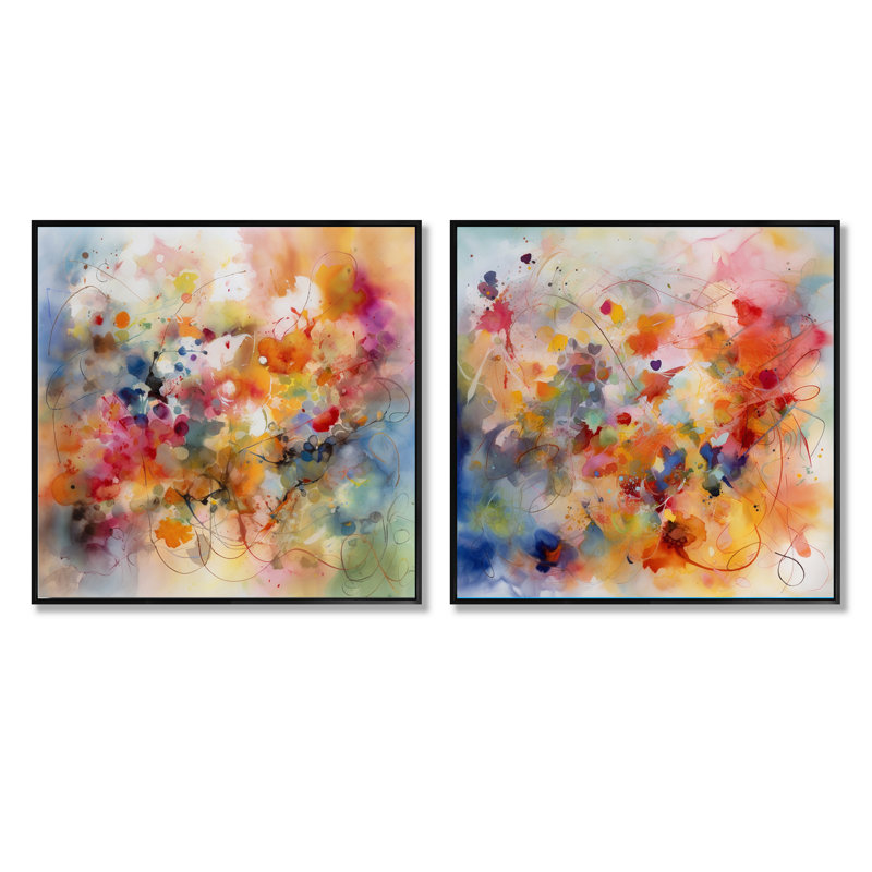 Colorful Transformations Of Flow - Ensemble de 2 collages carrés à encre liquide abstraite, Cadre flottant noir