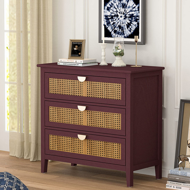 Chused 3 Drawer Accent Cabinet Dresser, Rattan Chest Drawers, Storage Cabinet with Metal Handles, Red