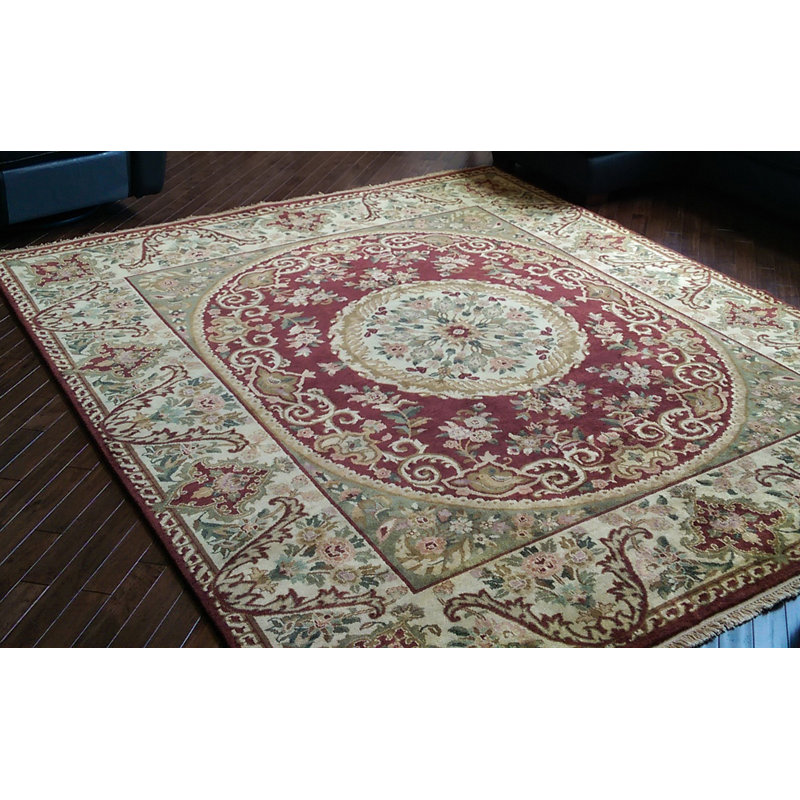 Tapis bourgogne / vert en laine touffeté à la main Masuda, Rectangle 11 pi 6 po x 14 pi 6 po