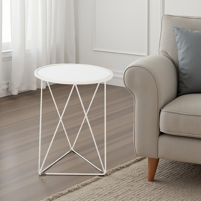 Table d'appoint, 18 po, plateau miroir rond et base ouverte en métal blanc
